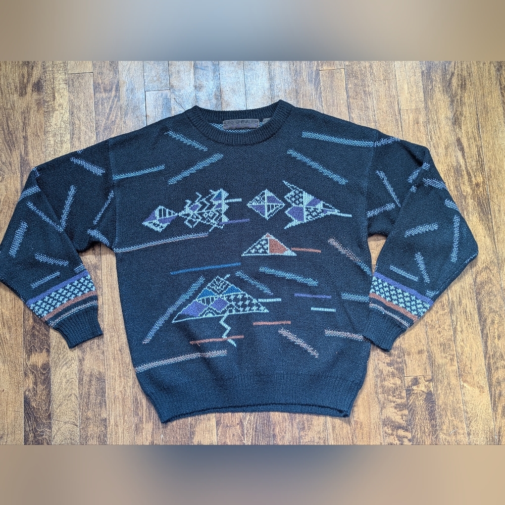 Leo Chevalier Vintage Chunky Cable Knit Geometric Pattern Black Sweater Men's M